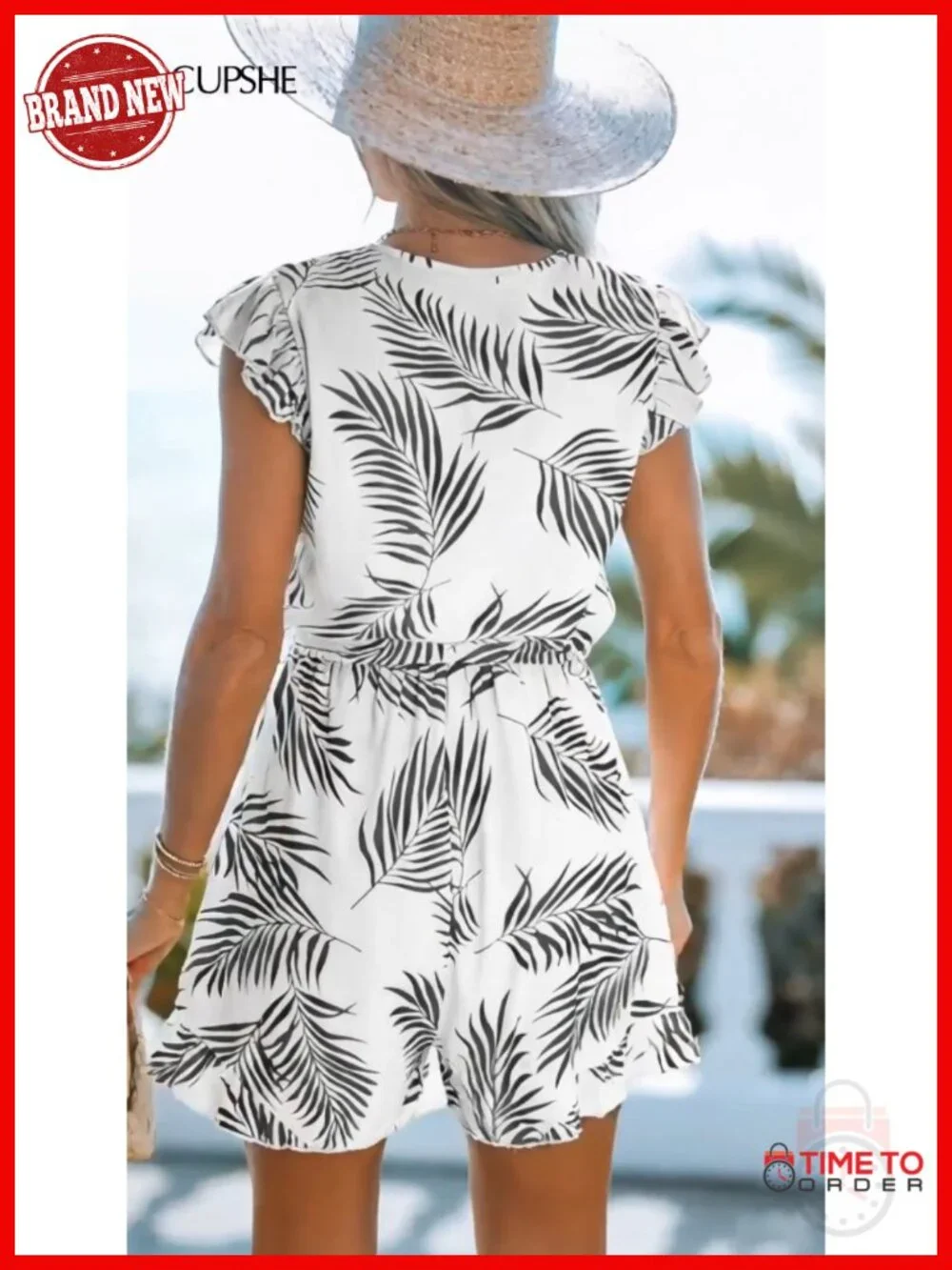 Polyester V Neck Flutter Sleeve Wide Leg Romper Jumpsuit